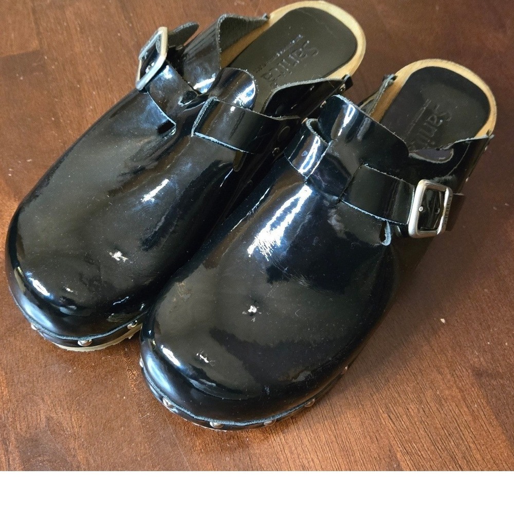 Sanita Black Patent Leather Wooden Clogs Studded Buckle Strap Danish Shoes 38